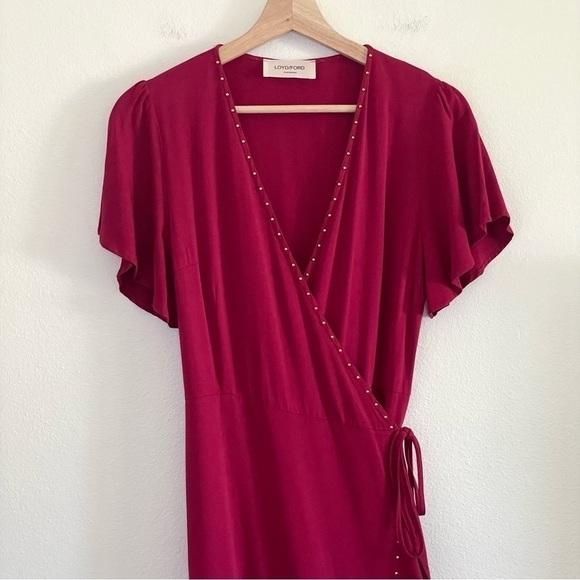 LOYD/FORD Flutter Sleeve Studded Ruffle Midi Wrap Dress Raspberry Red 0 / XS - Picture 6 of 14